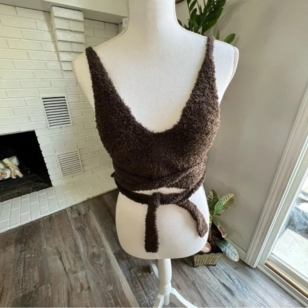 Out From Under  NWT Sz Small Brown Fuzzy Knit Wrap Tie Crop Top Deep V Neck